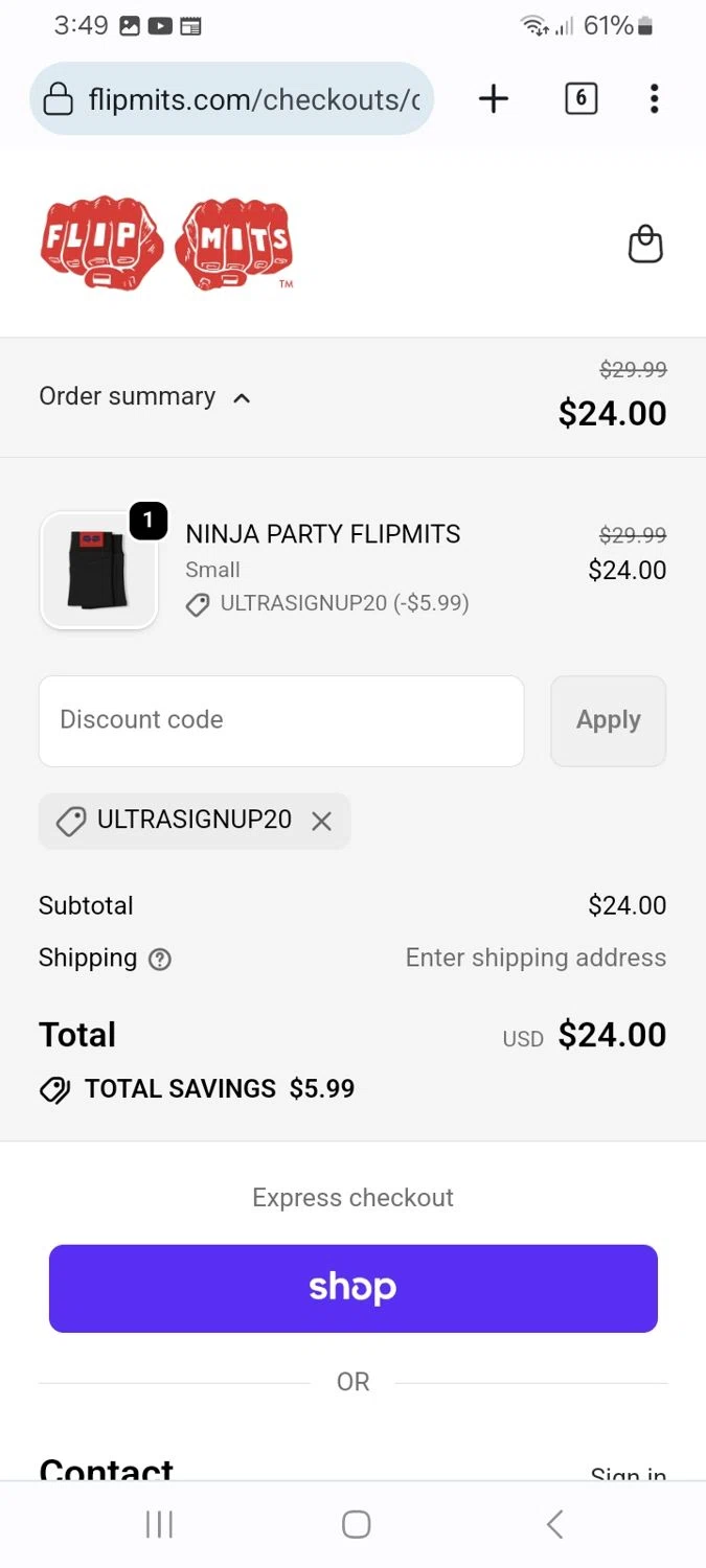 flipmits promo code screenshot showing code ULTRASIGNUP20 applied at flipmits checkout page. Uploaded by SimplyCodes community member ScanMaverick9378 on Dec 16, 2025