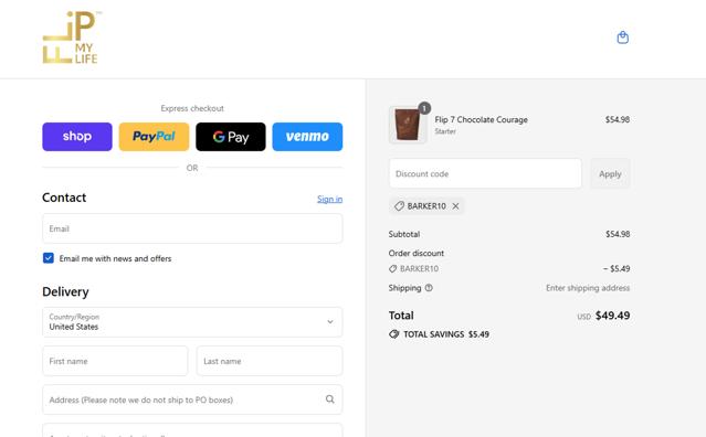 Flip My Life checkout page showing Flip My Life discount code box | Screenshot taken by SimplyCodes community member on Sep 10, 2025