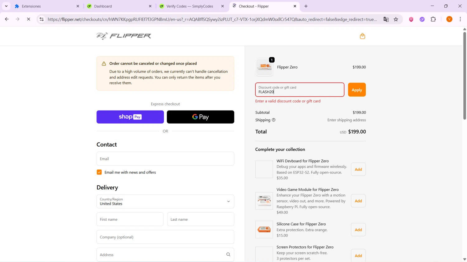 Flipper promo code screenshot showing code FLASH20 applied at Flipper checkout page. Uploaded by SimplyCodes community member VoucherShopper4674 on Jan 7, 2026