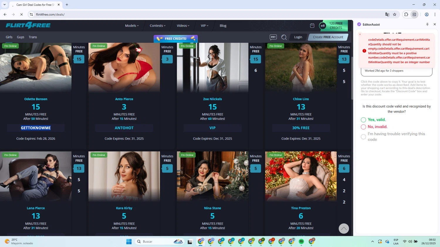 Flirt4Free promo code screenshot showing code GETTOKNOWME applied at Flirt4Free checkout page. Uploaded by SimplyCodes community member Sebastian4day4 on Dec 26, 2025
