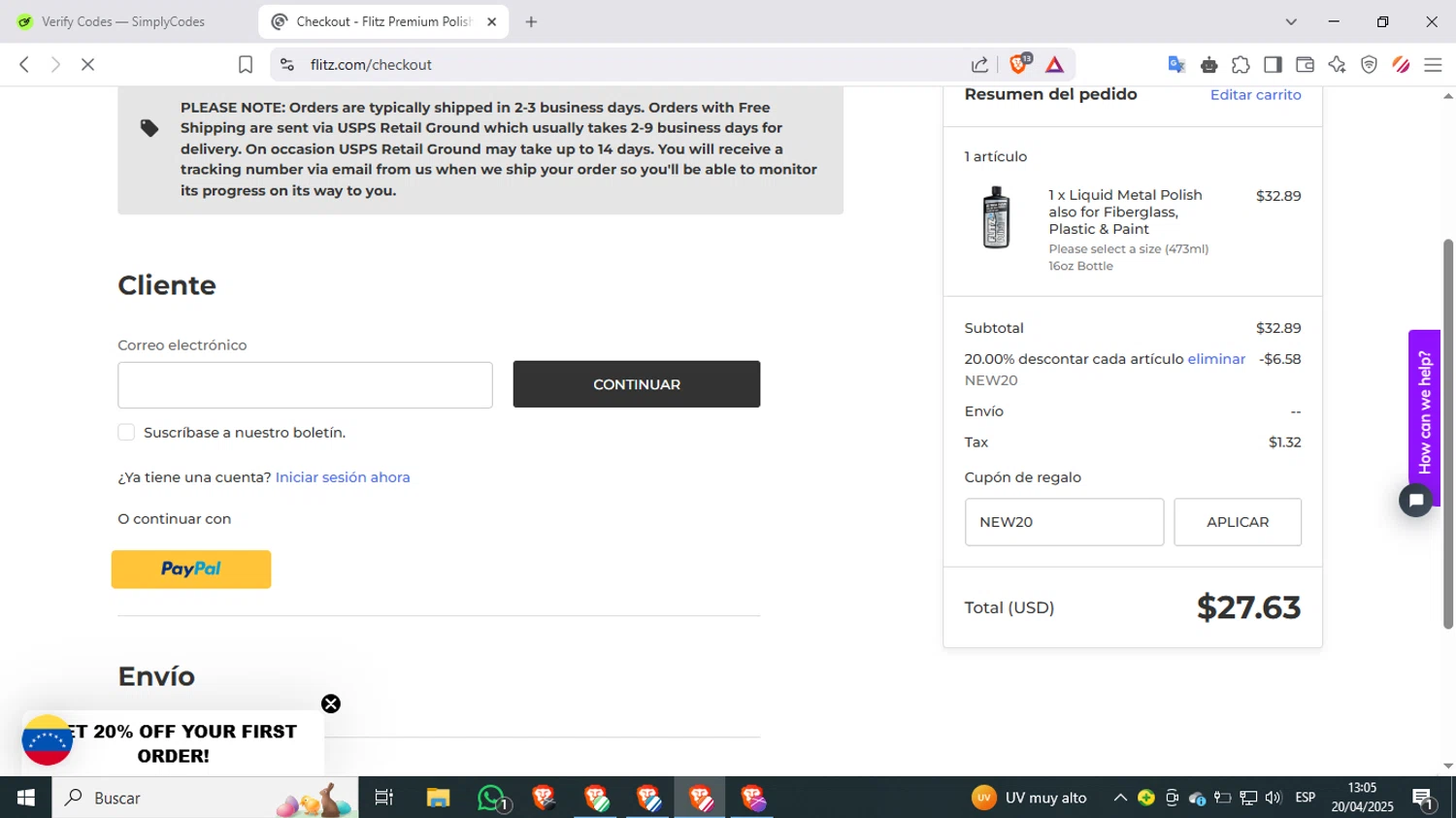 Flitz coupon code screenshot showing code NEW20 applied at Flitz checkout page. Uploaded by SimplyCodes community member PennyMaverick9741 on Apr 20, 2025