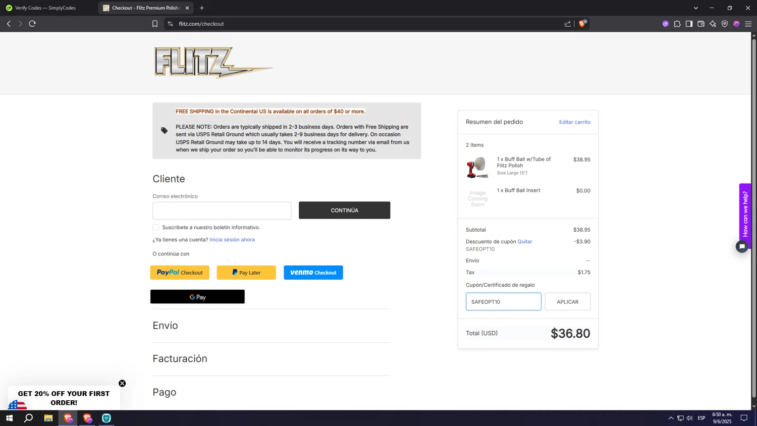 Flitz coupon code screenshot showing code SAFEOPT10 applied at Flitz checkout page. Uploaded by SimplyCodes community member Machi005 on Jun 9, 2025