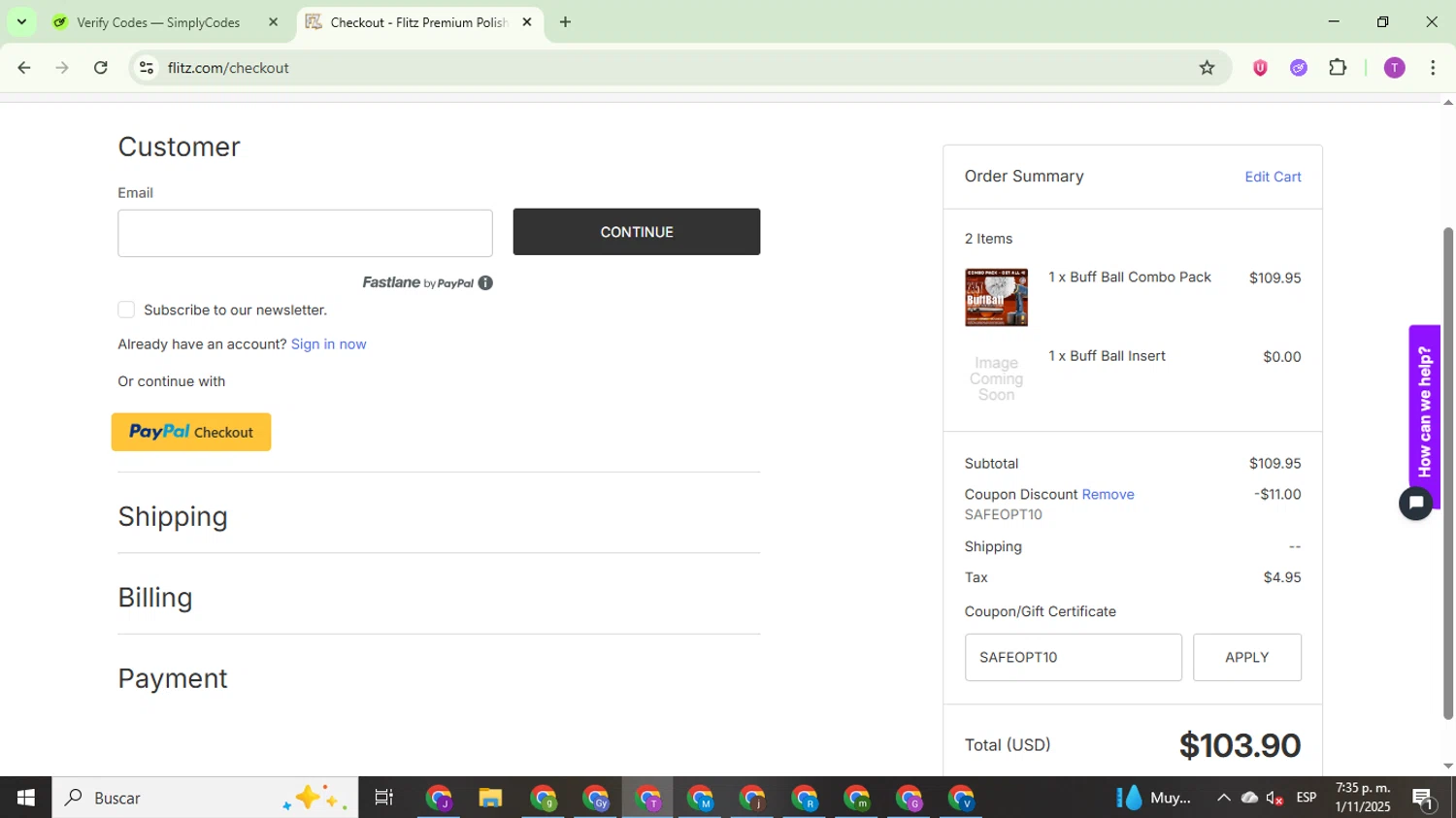 Flitz coupon code screenshot showing code SAFEOPT10 applied at Flitz checkout page. Uploaded by SimplyCodes community member ThriftyCurator4085 on Nov 1, 2025