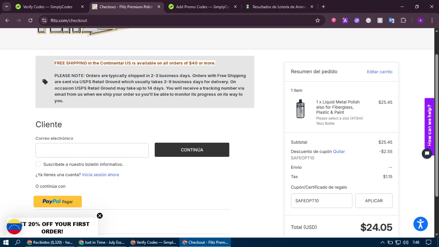 Flitz coupon code screenshot showing code SAFEOPT10 applied at Flitz checkout page. Uploaded by SimplyCodes community member thethru on Jul 8, 2025
