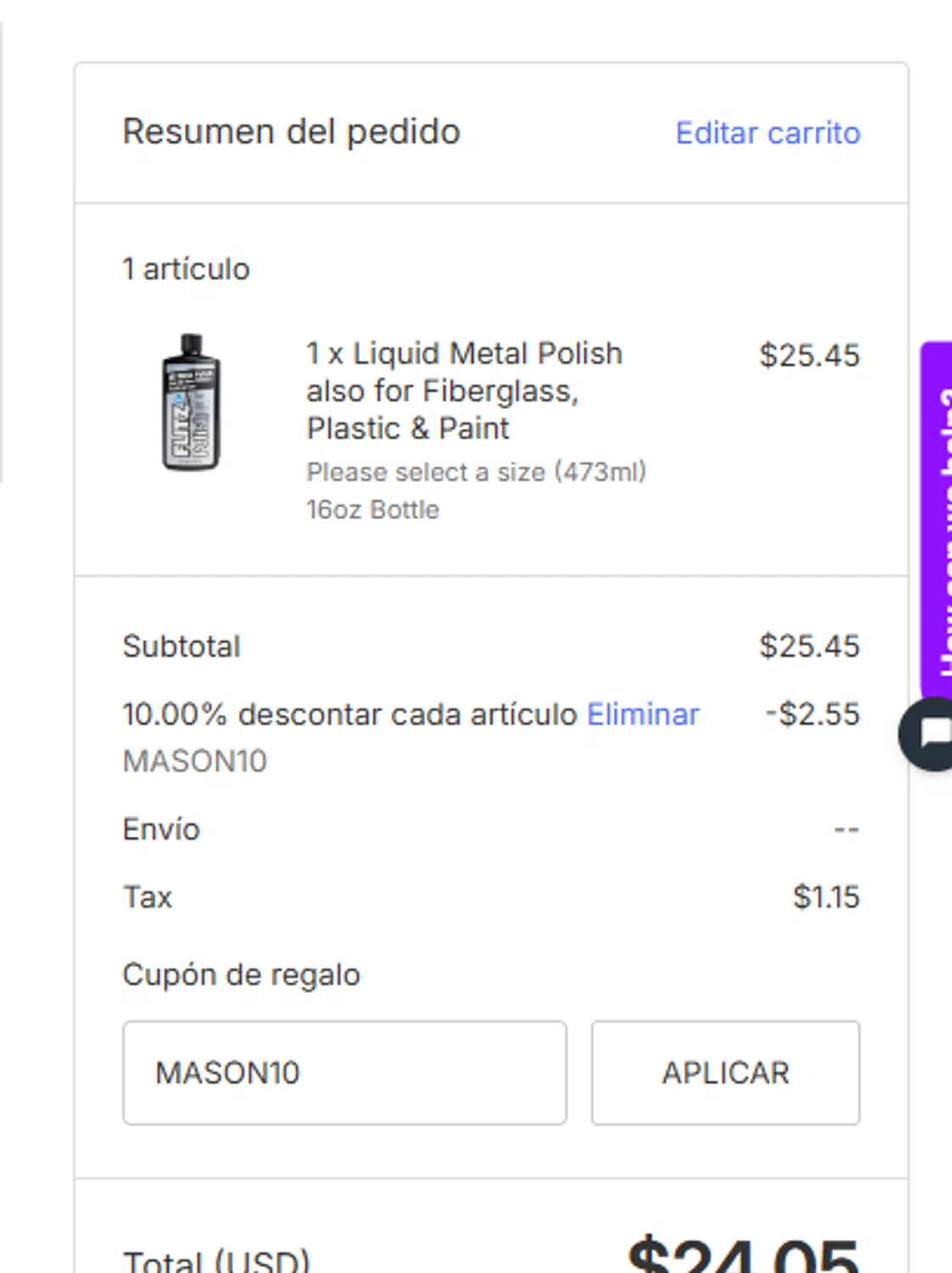 Flitz coupon code screenshot showing code MASON10 applied at Flitz checkout page. Uploaded by SimplyCodes community member RebatePilot8693 on Sep 11, 2025