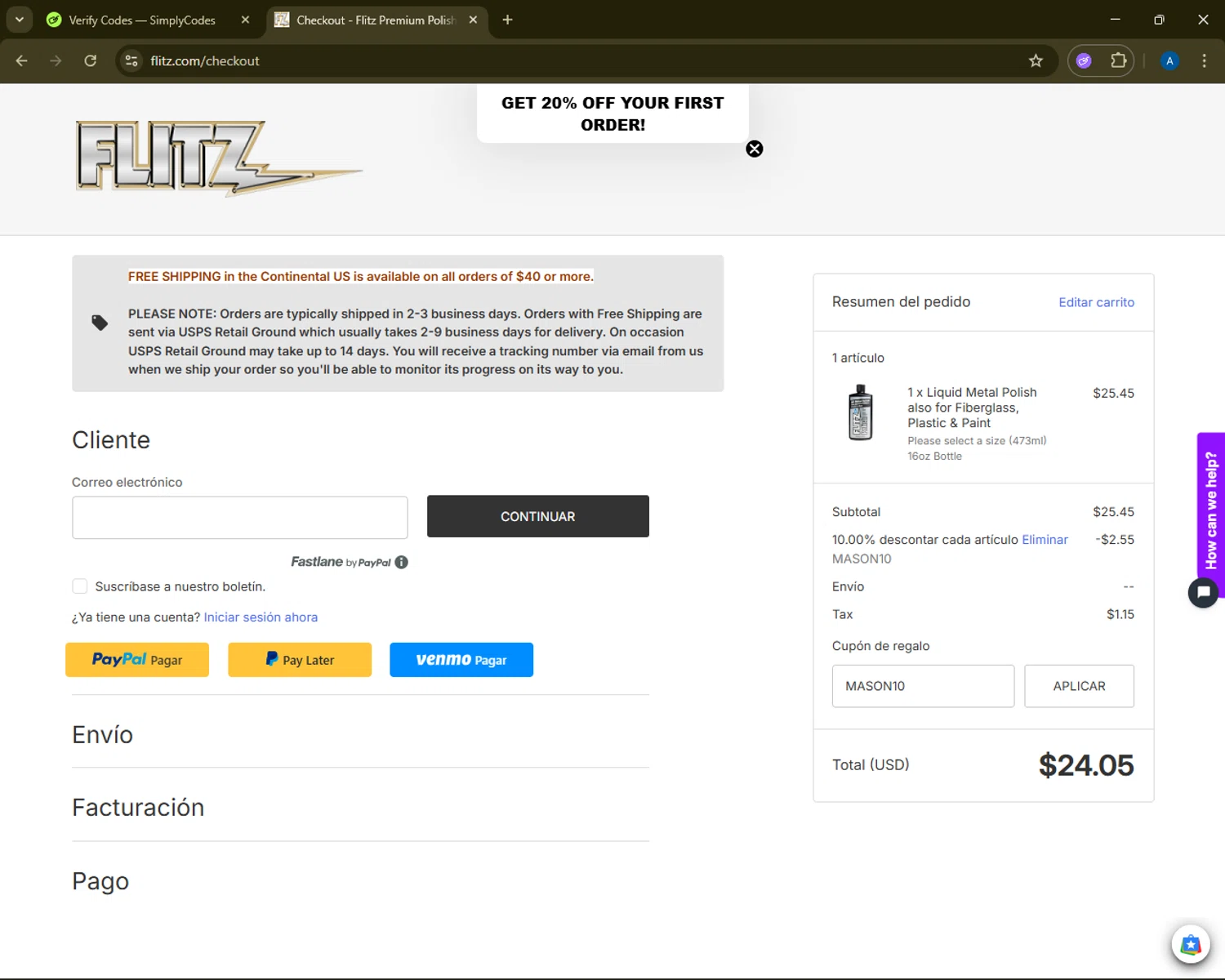 Flitz coupon code screenshot showing code MASON10 applied at Flitz checkout page. Uploaded by SimplyCodes community member ShrewdMaestro6940 on Oct 10, 2025