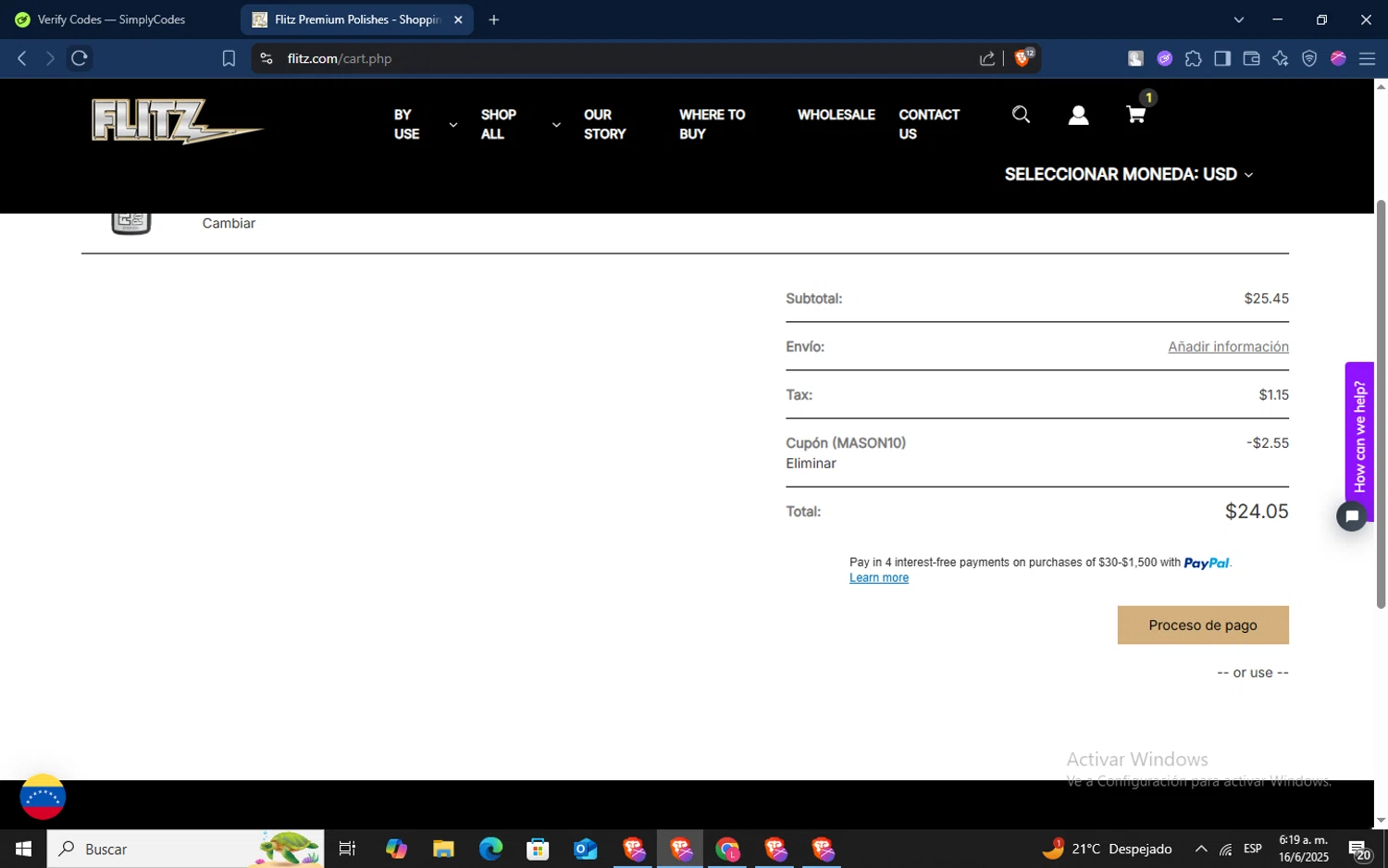 Flitz coupon code screenshot showing code MASON10 applied at Flitz checkout page. Uploaded by SimplyCodes community member TokenSaver1205 on Jun 16, 2025