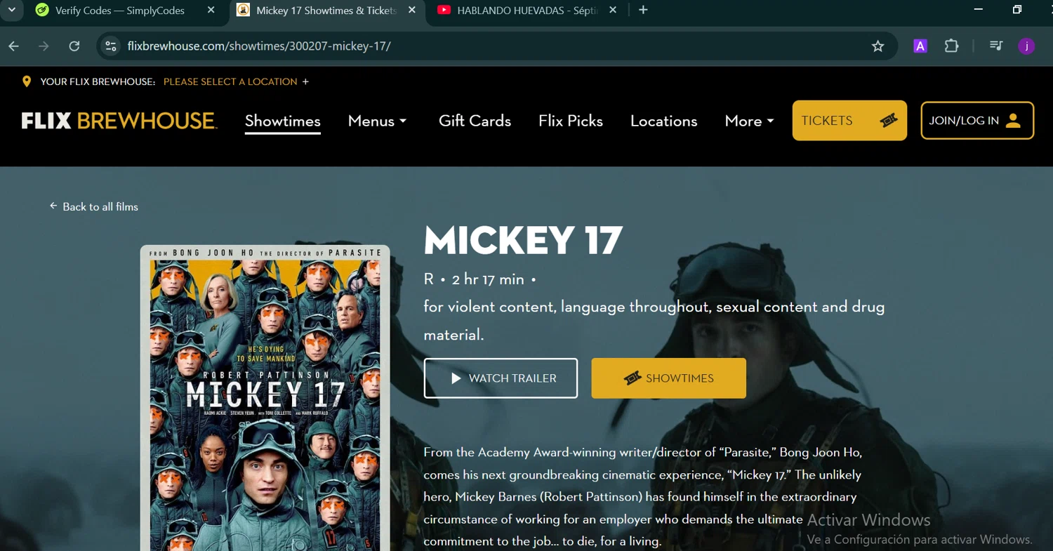 Flix Brewhouse discount code screenshot showing code FLIXAR00000018325 applied at Flix Brewhouse checkout page. Uploaded by SimplyCodes community member Trump23 on Mar 1, 2025