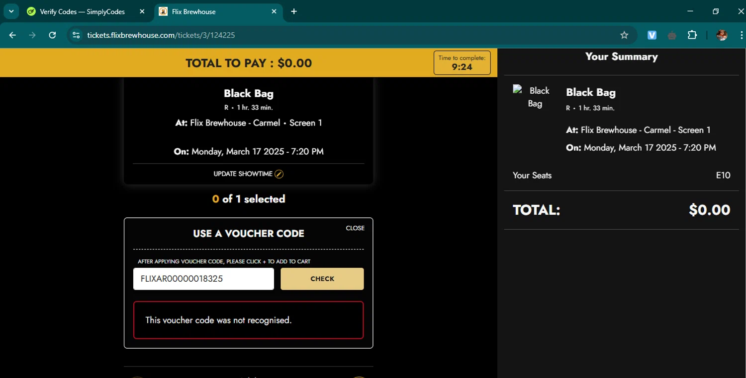 Flix Brewhouse discount code screenshot showing code FLIXAR00000018325 applied at Flix Brewhouse checkout page. Uploaded by SimplyCodes community member samuelgomez2 on Mar 17, 2025