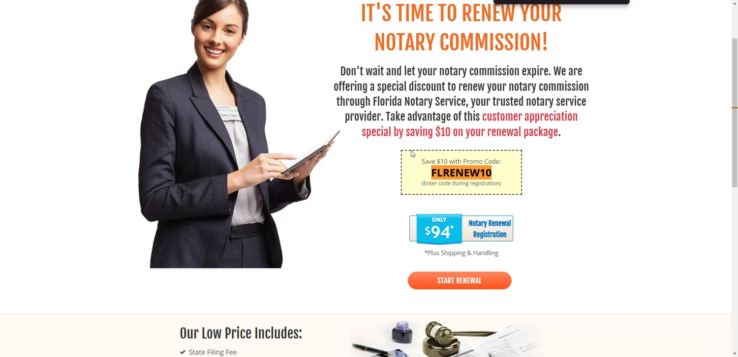 Florida Notary Service promo code screenshot showing code FLRENEW10 applied at Florida Notary Service checkout page. Uploaded by SimplyCodes community member Hyupat on Feb 23, 2025