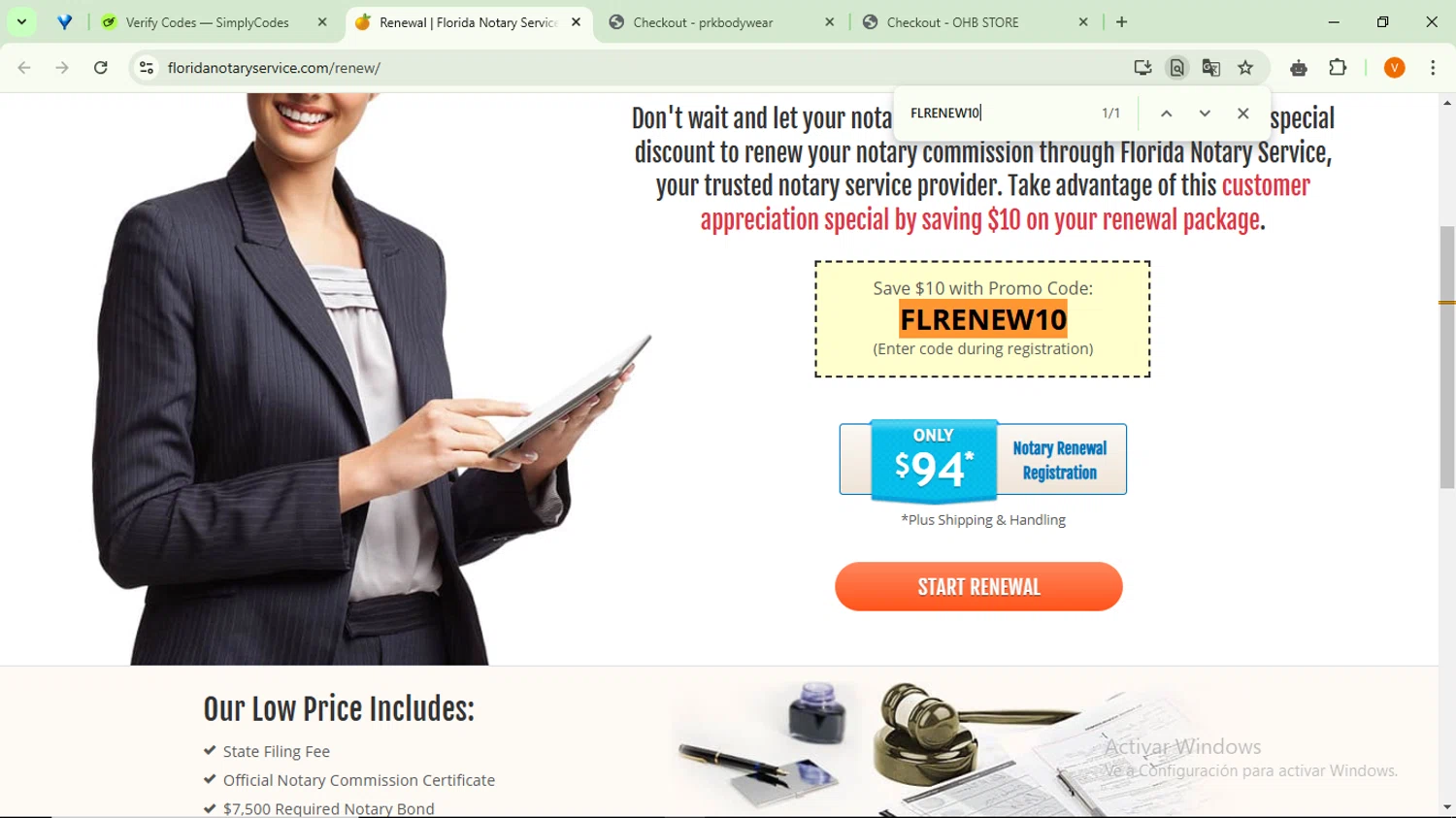 Florida Notary Service promo code screenshot showing code FLRENEW10 applied at Florida Notary Service checkout page. Uploaded by SimplyCodes community member RebateSaver5991 on Dec 27, 2024