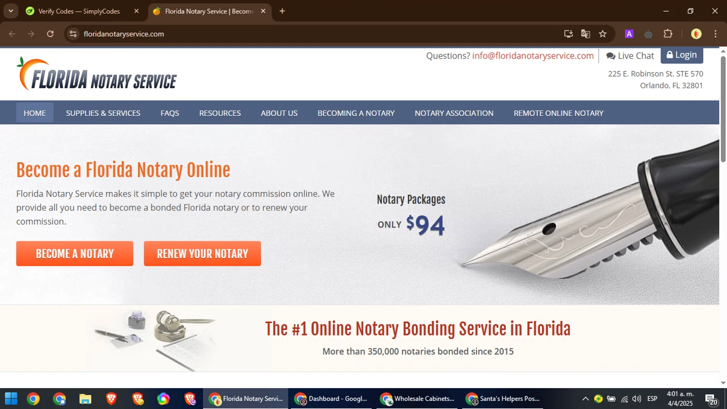 Florida Notary Service promo code screenshot showing code SAVE20 applied at Florida Notary Service checkout page. Uploaded by SimplyCodes community member MoneyPilot9165 on Apr 4, 2025