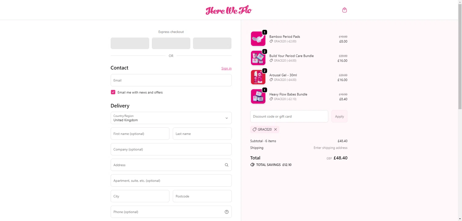 FLO promo code screenshot showing code GRACE20 applied at FLO checkout page. Uploaded by SimplyCodes community member CrownGuardian9882 on Feb 20, 2026