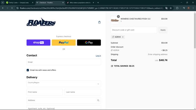 Floafers checkout page showing Floafers promo code box | Screenshot taken by SimplyCodes community member on Feb 2, 2025