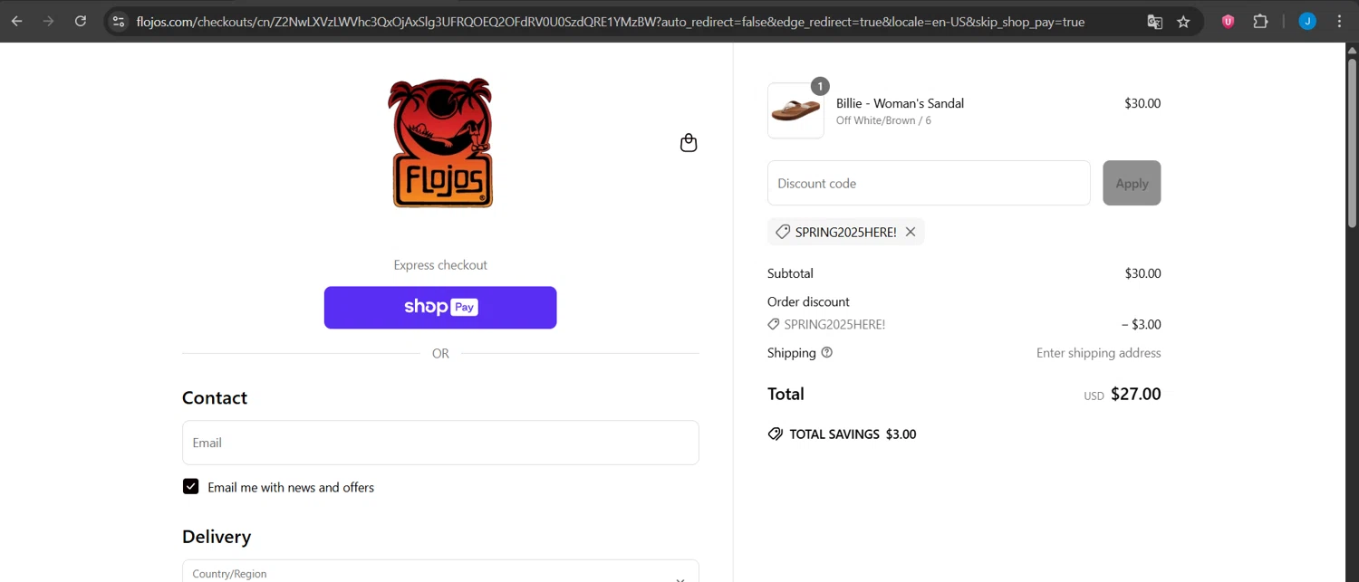 Flojos discount code screenshot showing code SPRING2025here! applied at Flojos checkout page. Uploaded by SimplyCodes community member Jeanjc on Jun 8, 2025