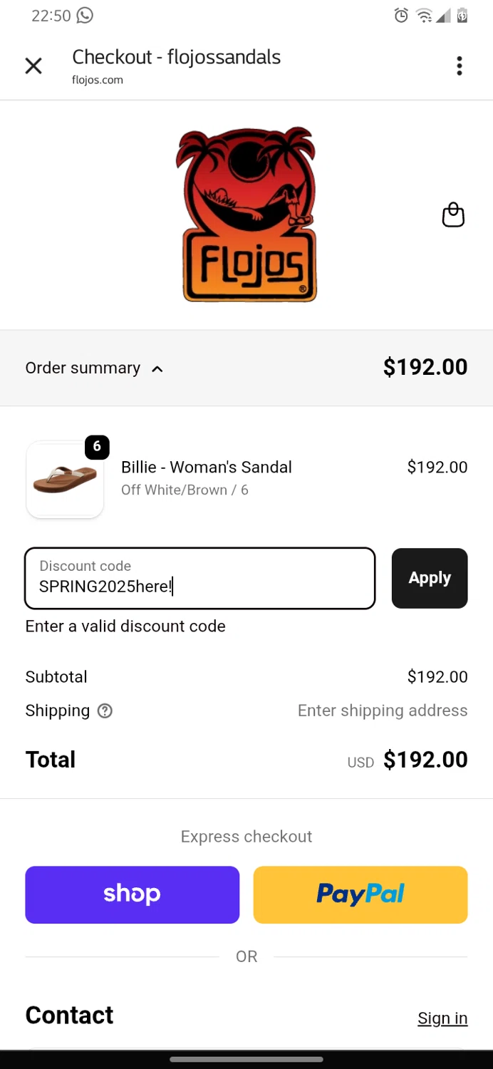 Flojos discount code screenshot showing code SPRING2025here! applied at Flojos checkout page. Uploaded by SimplyCodes community member TokenBoss3478 on Oct 17, 2025
