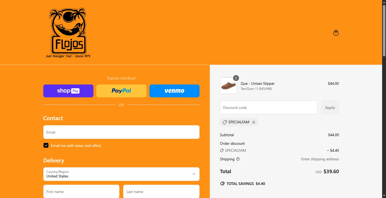 Flojos discount code screenshot showing code SpecialFam applied at Flojos checkout page. Uploaded by SimplyCodes community member DiscountTracker247 on May 13, 2025
