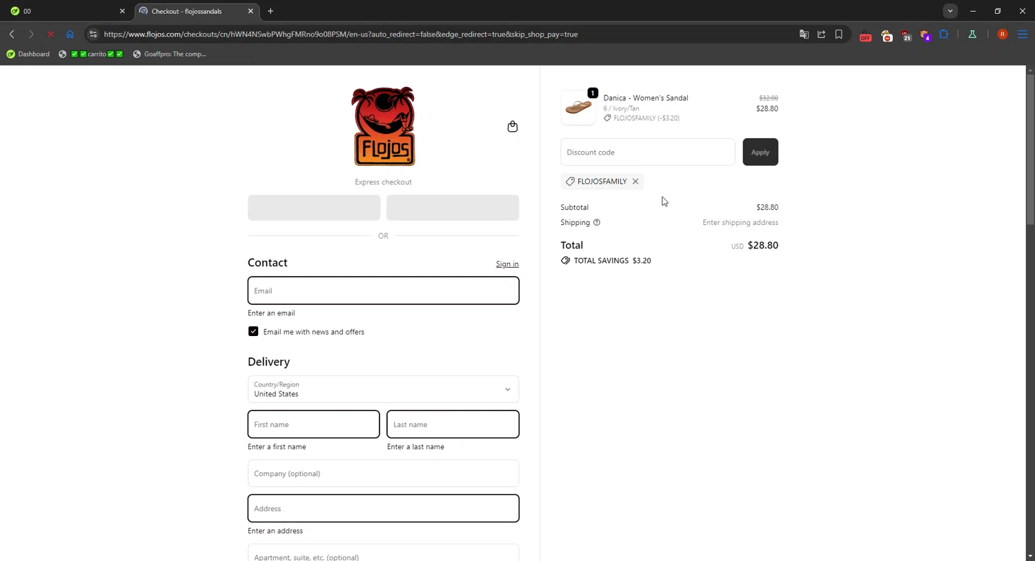 Flojos discount code screenshot showing code FLOJOSfamily applied at Flojos checkout page. Uploaded by SimplyCodes community member SavvyFinder1532 on Oct 21, 2025