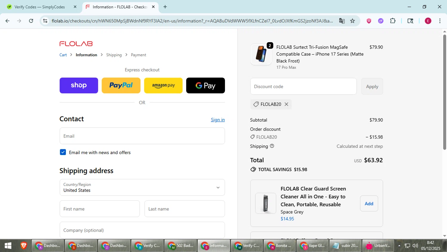 FLOLAB discount code screenshot showing code FLOLAB20 applied at FLOLAB checkout page. Uploaded by SimplyCodes community member BrilliantWhiz4434 on Dec 5, 2025