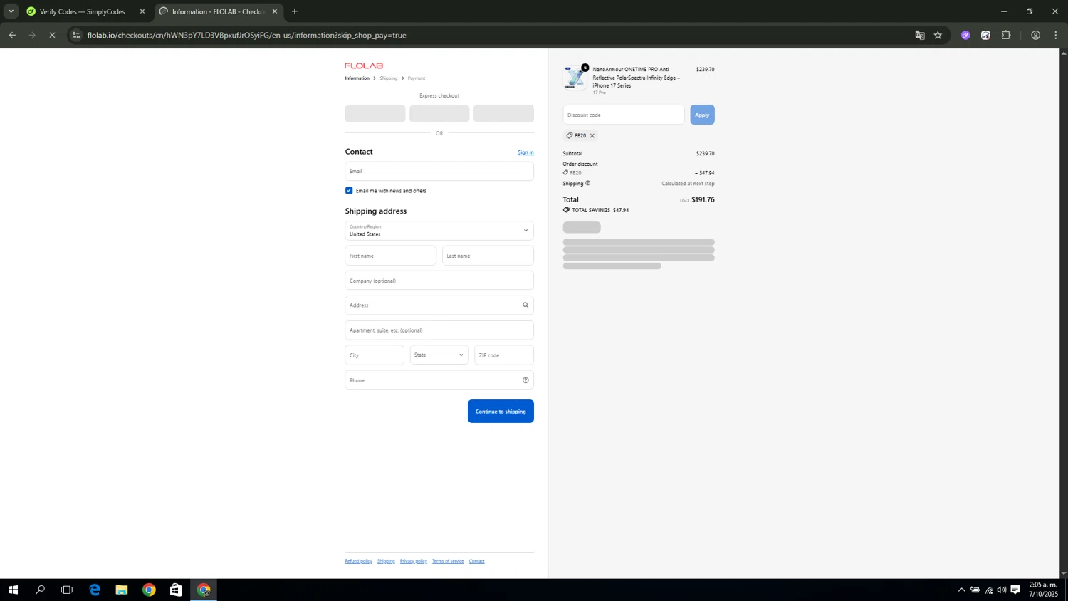 FLOLAB discount code screenshot showing code FB20 applied at FLOLAB checkout page. Uploaded by SimplyCodes community member miguel02 on Oct 7, 2025