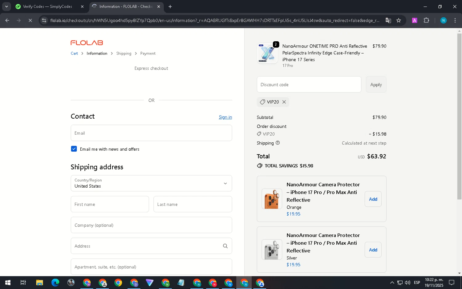 FLOLAB discount code screenshot showing code VIP20 applied at FLOLAB checkout page. Uploaded by SimplyCodes community member DiscountGenius5394 on Nov 20, 2025
