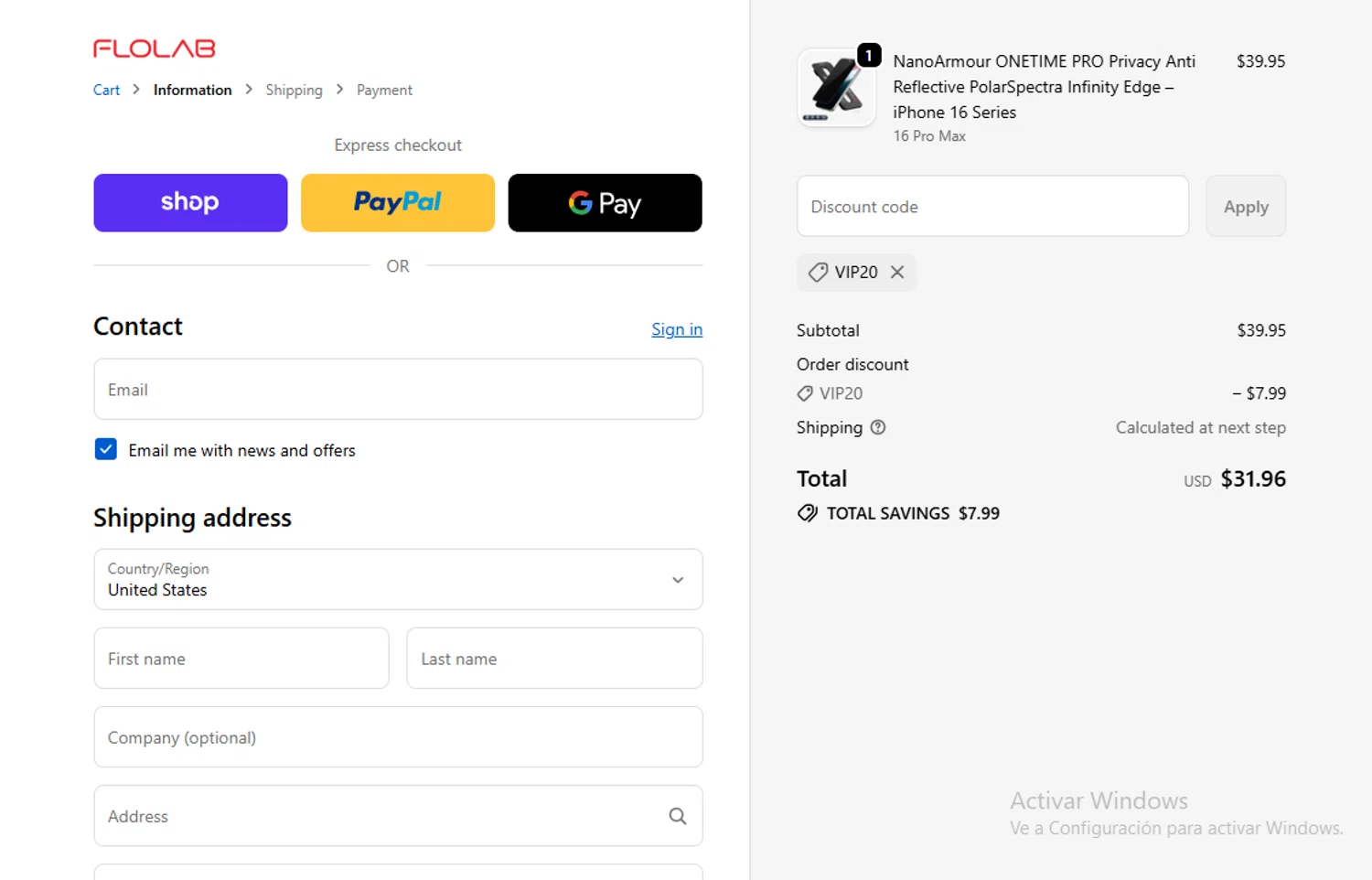 FLOLAB discount code screenshot showing code VIP20 applied at FLOLAB checkout page. Uploaded by SimplyCodes community member Lestara_23 on Nov 2, 2025