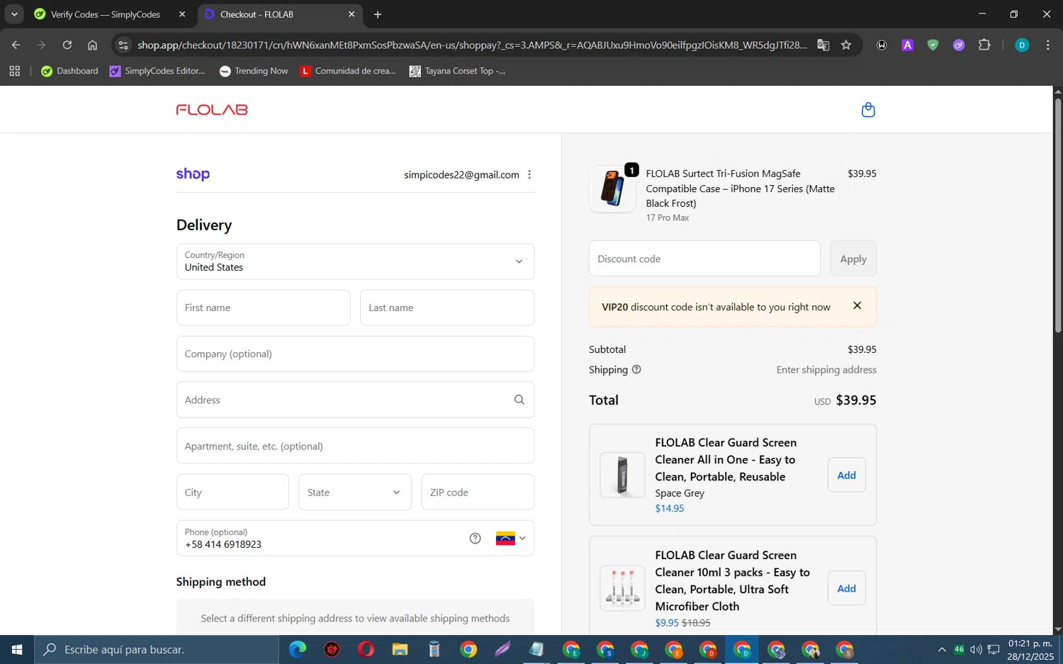 FLOLAB discount code screenshot showing code VIP20 applied at FLOLAB checkout page. Uploaded by SimplyCodes community member MagnificentCollector5368 on Dec 28, 2025