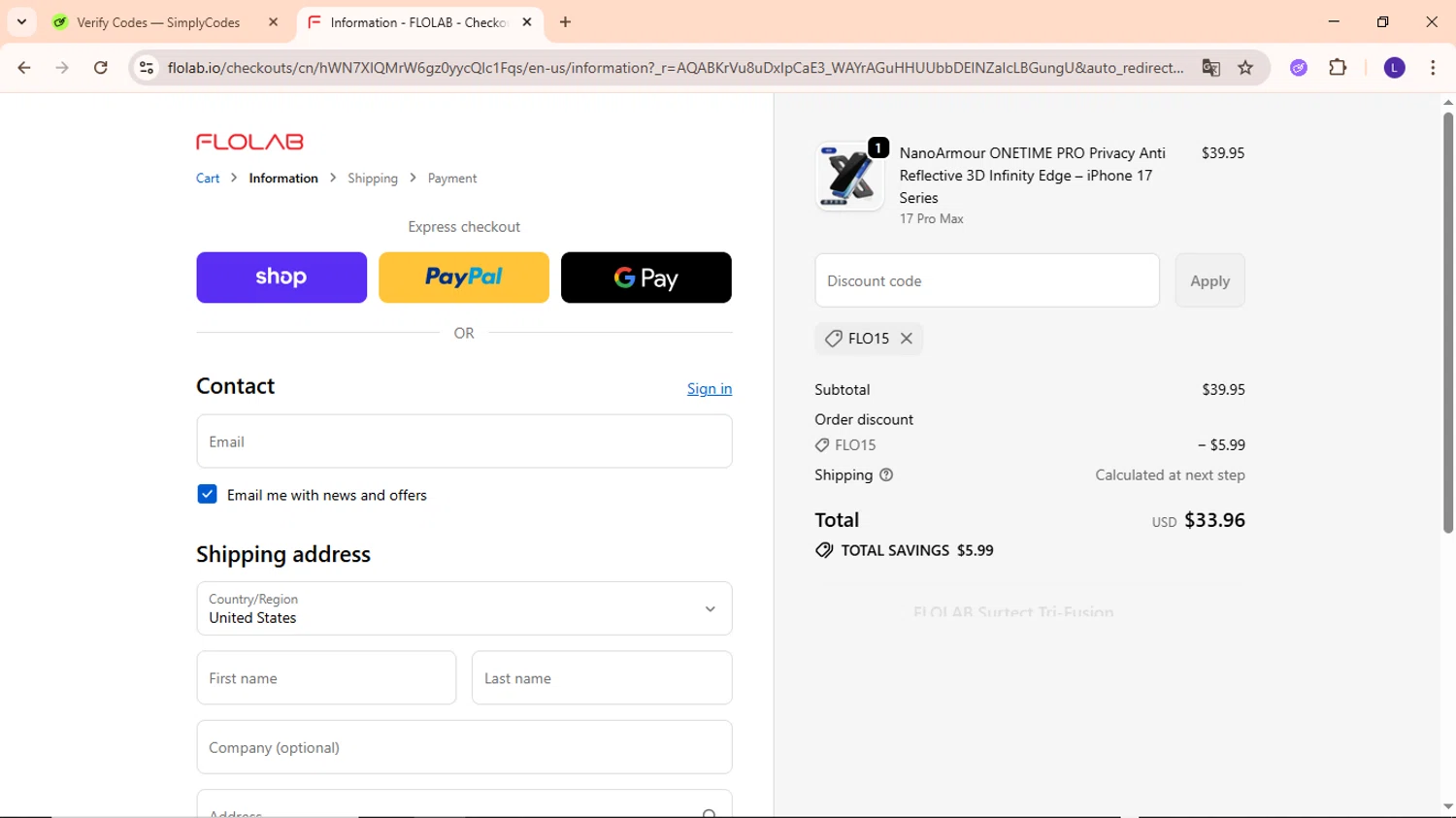 FLOLAB discount code screenshot showing code FLO15 applied at FLOLAB checkout page. Uploaded by SimplyCodes community member EpicWarden3081 on Jan 12, 2026