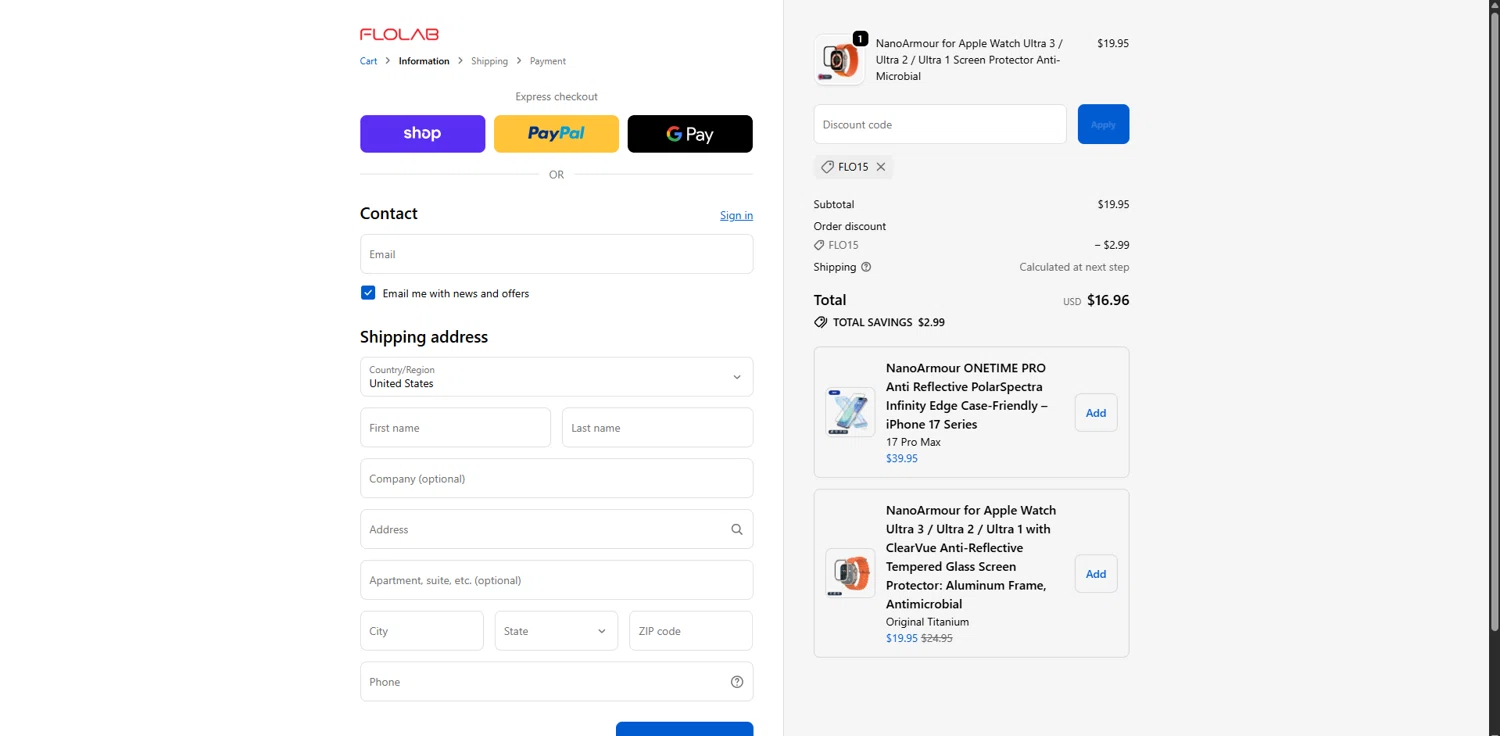 FLOLAB discount code screenshot showing code FLO15 applied at FLOLAB checkout page. Uploaded by SimplyCodes community member ScanWarden1089 on Dec 11, 2025
