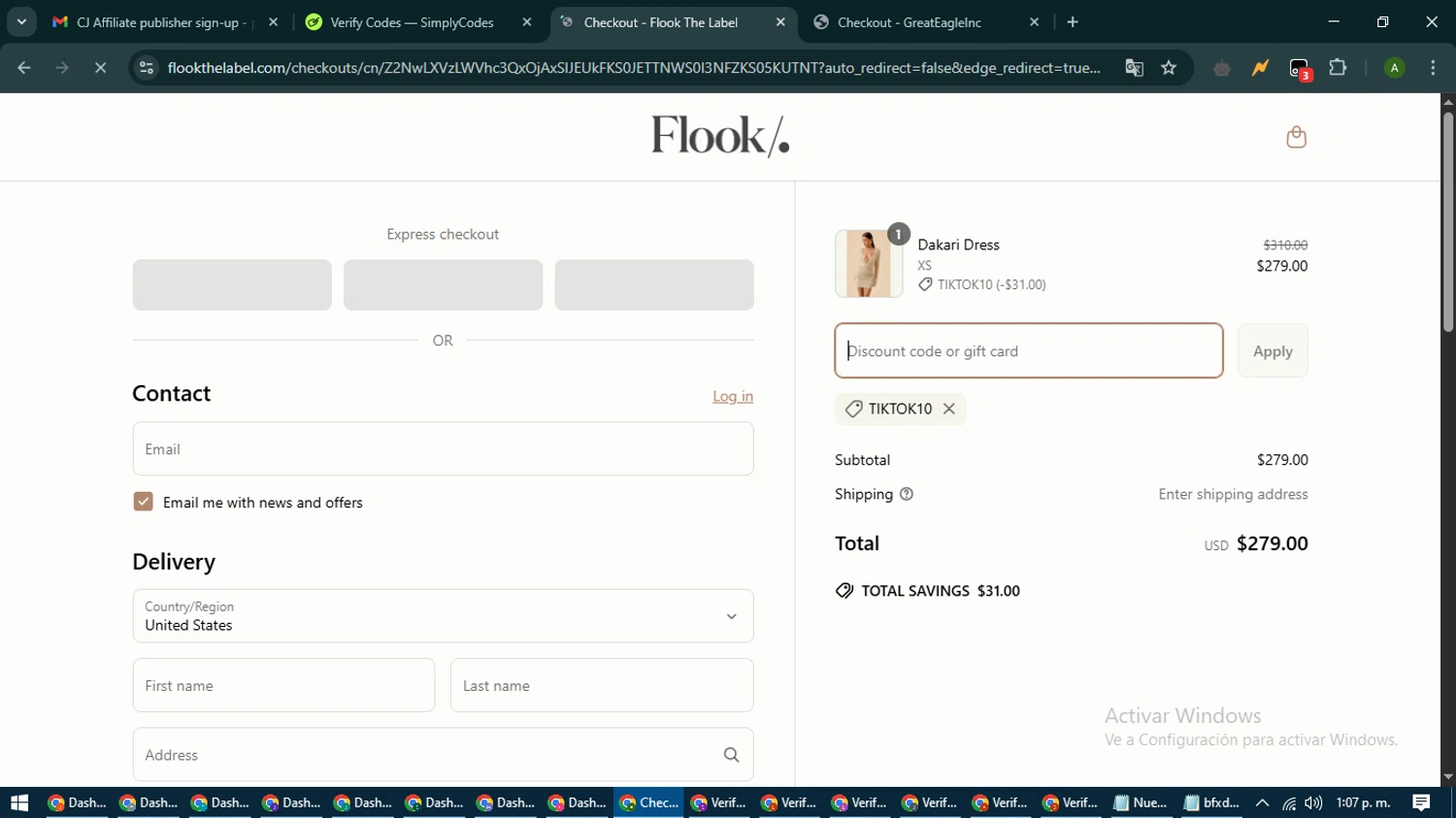 Flook The Label promo code screenshot showing code TIKTOK10 applied at Flook The Label checkout page. Uploaded by SimplyCodes community member CashLynx5338 on Apr 9, 2025