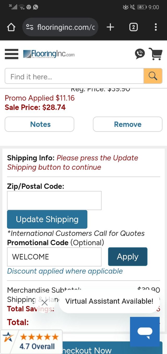 Flooring Inc. checkout page showing Flooring Inc. promo code box | Screenshot taken by SimplyCodes community member on Nov 24, 2023