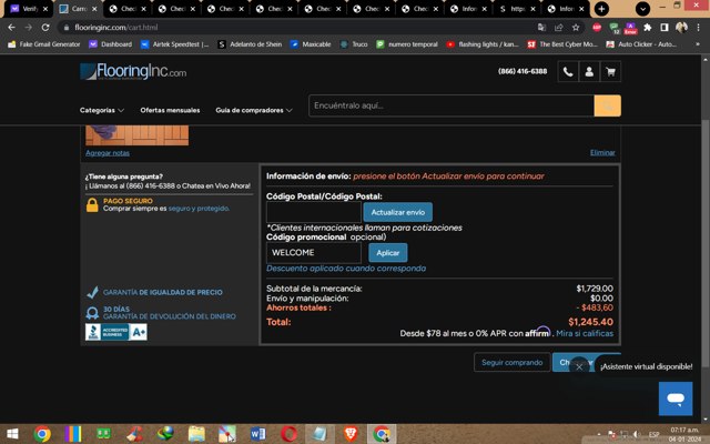 Flooring Inc. checkout page showing Flooring Inc. promo code box | Screenshot taken by SimplyCodes community member on Jan 4, 2024