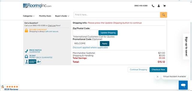 Flooring Inc. checkout page showing Flooring Inc. promo code box | Screenshot taken by SimplyCodes community member on Feb 9, 2024