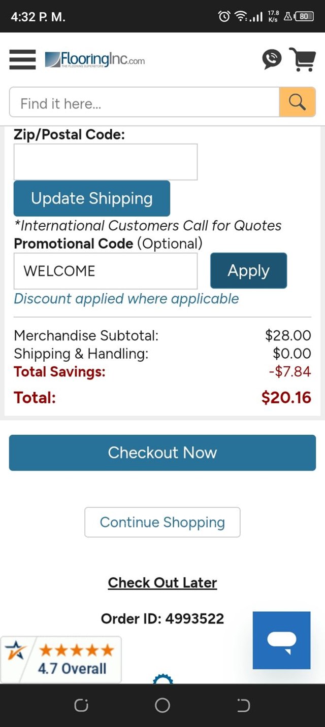 Flooring Inc. checkout page showing Flooring Inc. promo code box | Screenshot taken by SimplyCodes community member on Sep 30, 2023