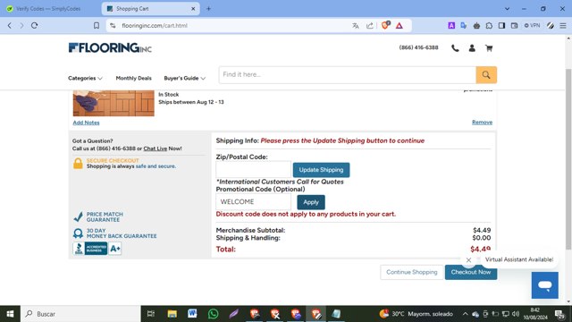 Flooring Inc. checkout page showing Flooring Inc. promo code box | Screenshot taken by SimplyCodes community member on Aug 10, 2024