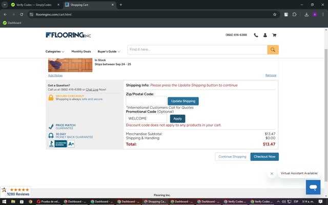 Flooring Inc. checkout page showing Flooring Inc. promo code box | Screenshot taken by SimplyCodes community member on Sep 23, 2024