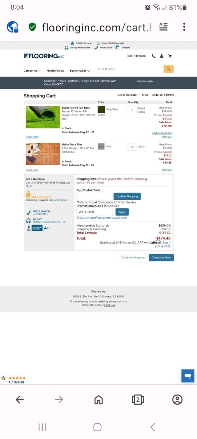 Flooring Inc. checkout page showing Flooring Inc. promo code box | Screenshot taken by SimplyCodes community member on May 16, 2024