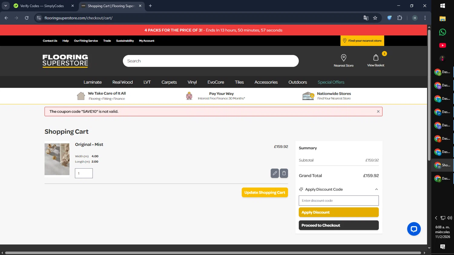 Flooring Superstore promo code screenshot showing code SAVE10 applied at Flooring Superstore checkout page. Uploaded by SimplyCodes community member SmartMaverick5327 on Feb 11, 2026