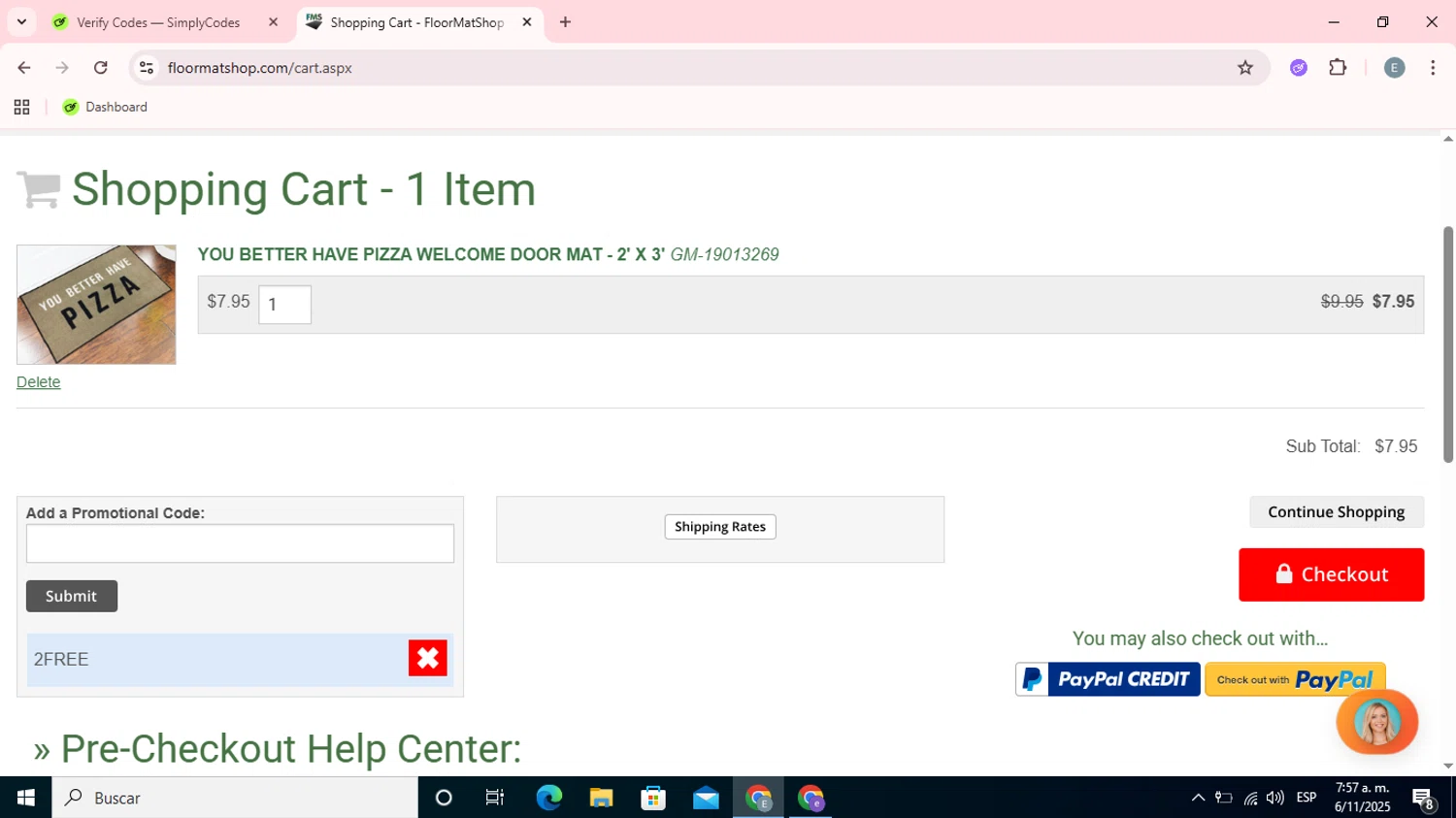 Floor Mat Shop promo code screenshot showing code 2FREE applied at Floor Mat Shop checkout page. Uploaded by SimplyCodes community member Esteban on Nov 6, 2025