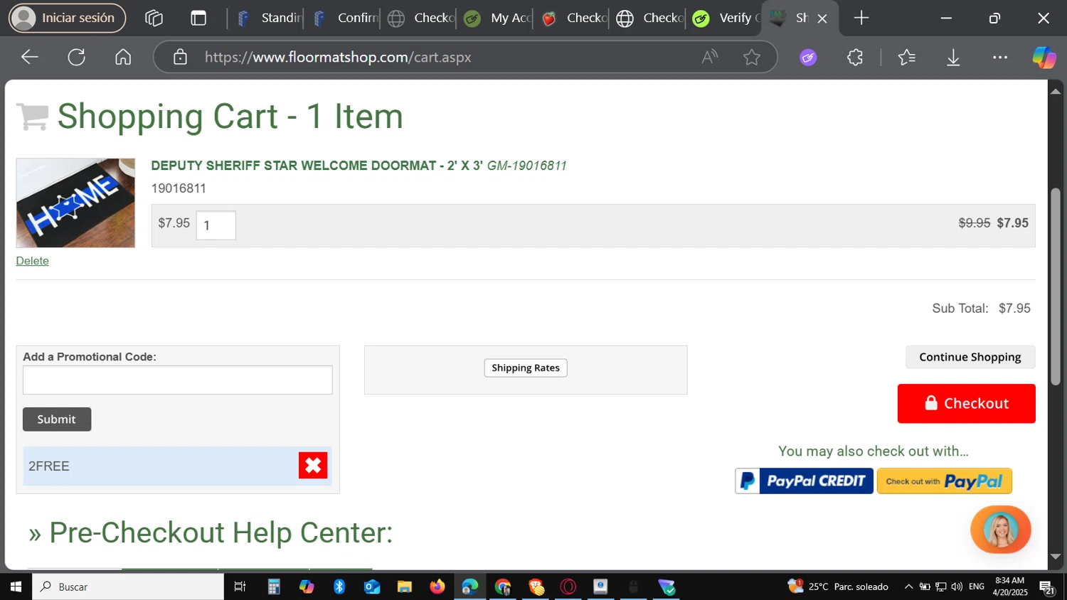 Floor Mat Shop promo code screenshot showing code 2FREE applied at Floor Mat Shop checkout page. Uploaded by SimplyCodes community member Carbon132 on Apr 20, 2025