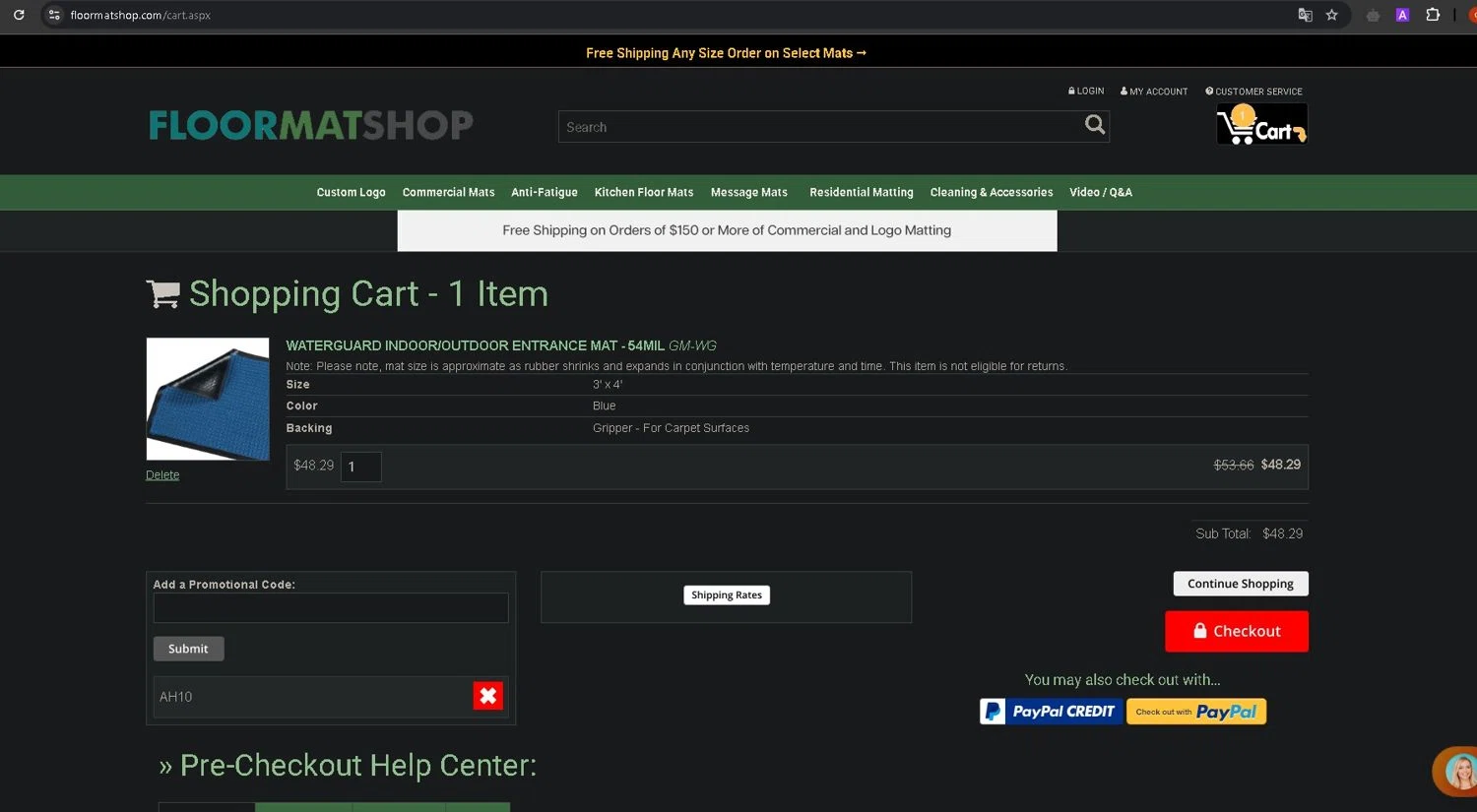 Floor Mat Shop promo code screenshot showing code AH10 applied at Floor Mat Shop checkout page. Uploaded by SimplyCodes community member CashSage6731 on Apr 27, 2025