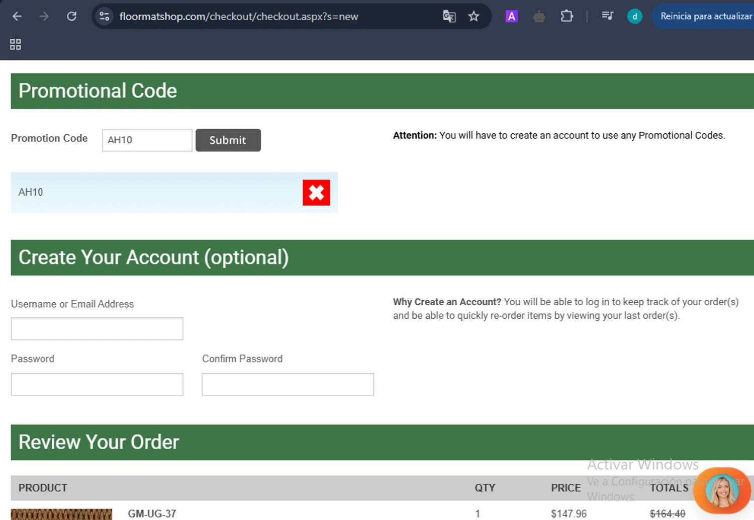 Floor Mat Shop promo code screenshot showing code AH10 applied at Floor Mat Shop checkout page. Uploaded by SimplyCodes community member DiscountHero6788 on Apr 27, 2025