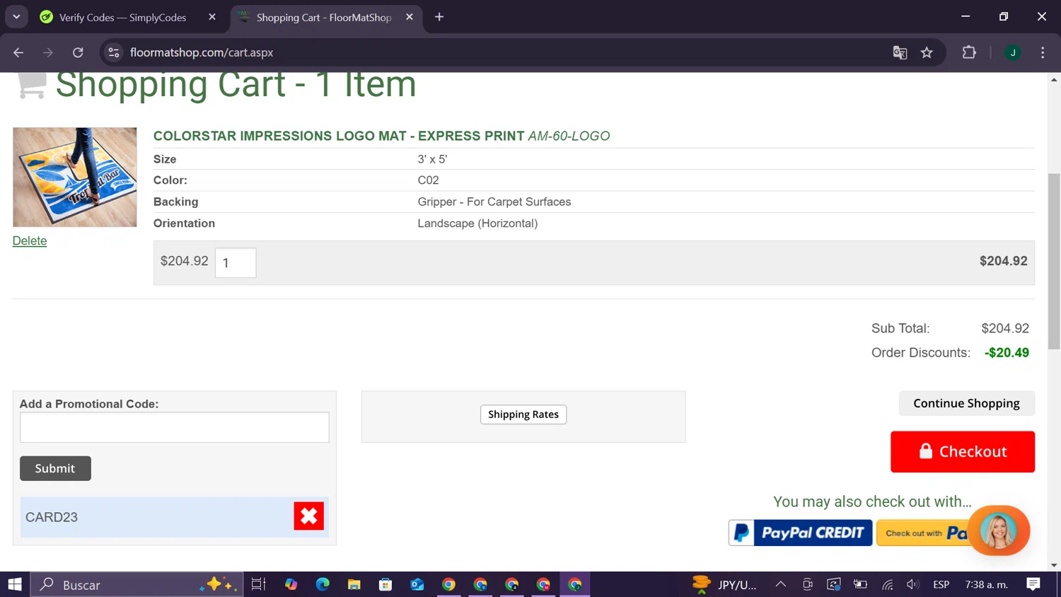 Floor Mat Shop promo code screenshot showing code CARD23 applied at Floor Mat Shop checkout page. Uploaded by SimplyCodes community member CleverElite8110 on Mar 6, 2025