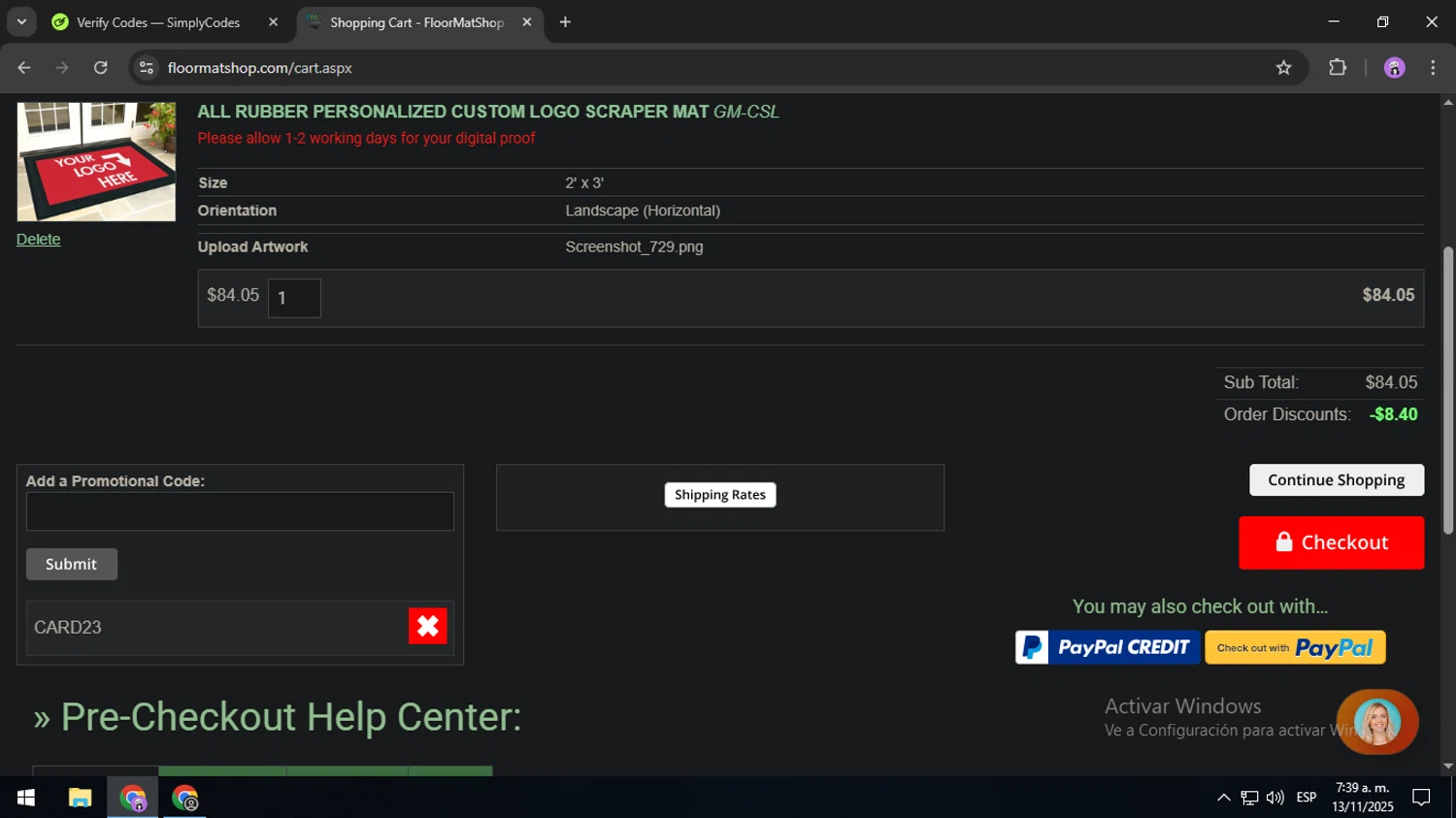 Floor Mat Shop promo code screenshot showing code CARD23 applied at Floor Mat Shop checkout page. Uploaded by SimplyCodes community member USERR1 on Nov 13, 2025