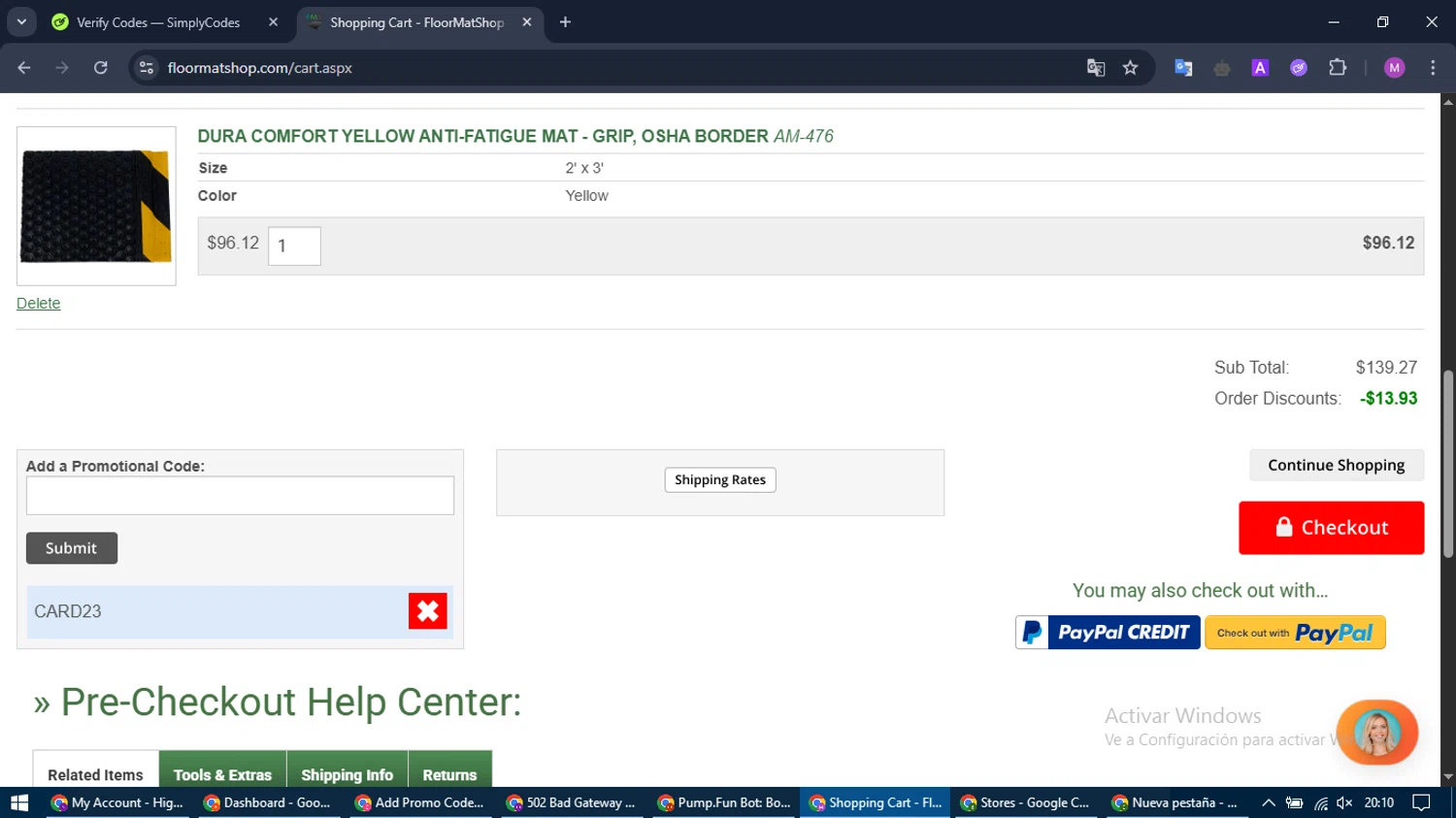 Floor Mat Shop promo code screenshot showing code CARD23 applied at Floor Mat Shop checkout page. Uploaded by SimplyCodes community member MightyTracker1549 on Apr 27, 2025