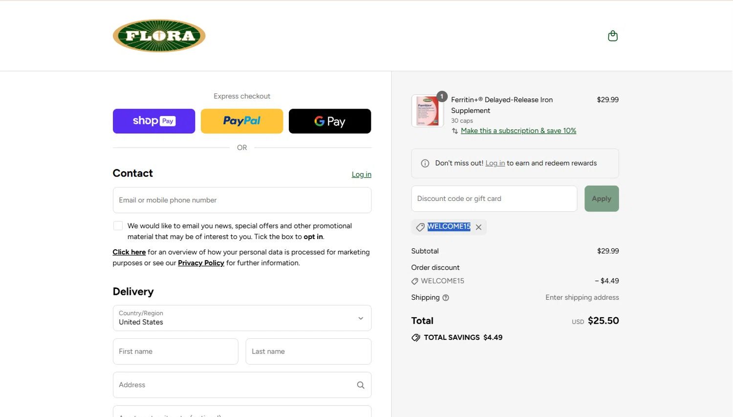 Flora discount code screenshot showing code welcome15 applied at Flora checkout page. Uploaded by SimplyCodes community member Marboroooooooooooo on Aug 15, 2025