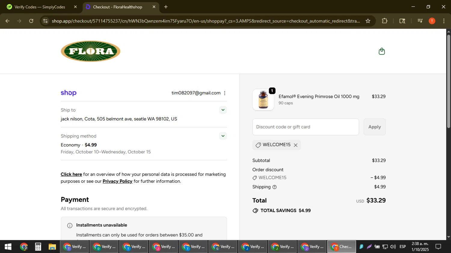 Flora discount code screenshot showing code welcome15 applied at Flora checkout page. Uploaded by SimplyCodes community member ShrewdAce8338 on Oct 1, 2025