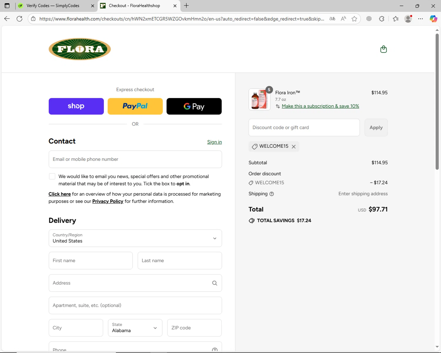 Flora discount code screenshot showing code welcome15 applied at Flora checkout page. Uploaded by SimplyCodes community member jhoanDepp on Sep 14, 2025