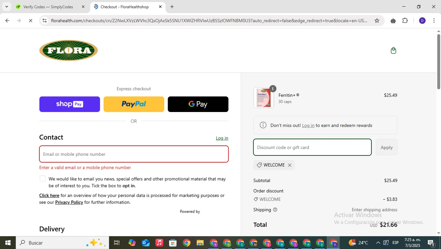 Flora discount code screenshot showing code WELCOME applied at Flora checkout page. Uploaded by SimplyCodes community member PrimeNavigator3251 on Mar 7, 2025