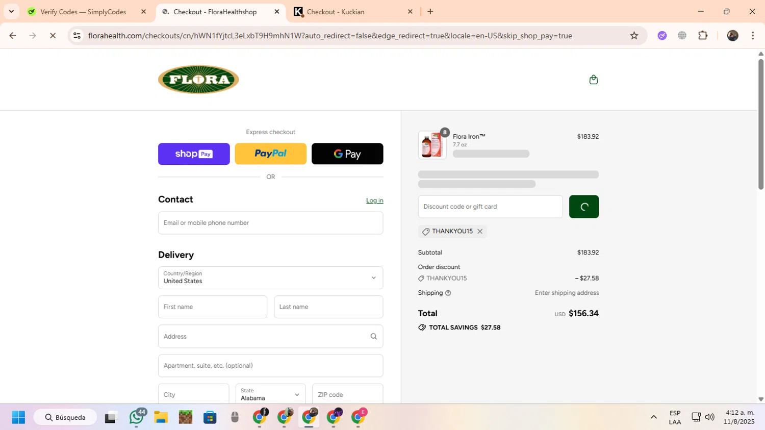 Flora discount code screenshot showing code THANKYOU15 applied at Flora checkout page. Uploaded by SimplyCodes community member CoinScout855 on Aug 11, 2025
